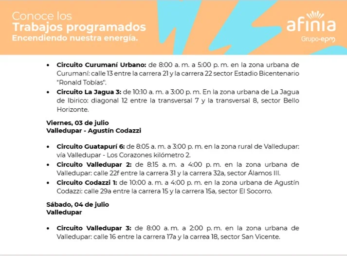 Afinia anuncia corte de energía en Valledupar