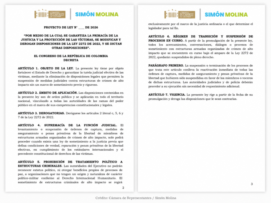 Páginas 2 y 3 del proyecto de ley 040 de 2026 presentado por Simón Molina para derogar apartes de la Paz Total y reactivar capturas