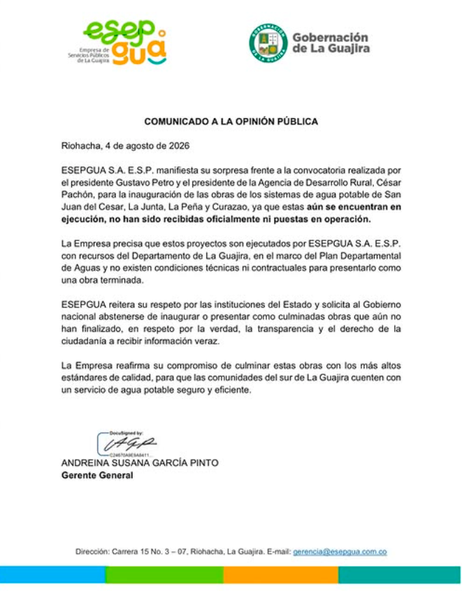 Comunicado de ESEPGUA sobre obras de agua inconclusas en La Guajira