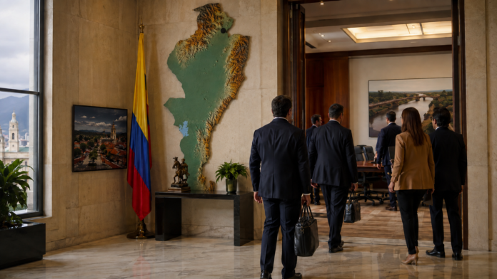 Funcionarios vinculados al Cesar ingresan a una reunión oficial, junto al mapa del departamento y la bandera de Colombia.