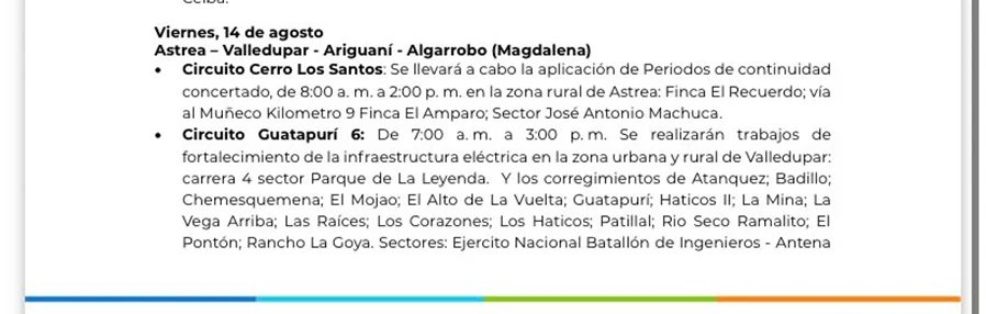 Comunicado de Afinia sobre cortes de energía en Valledupar