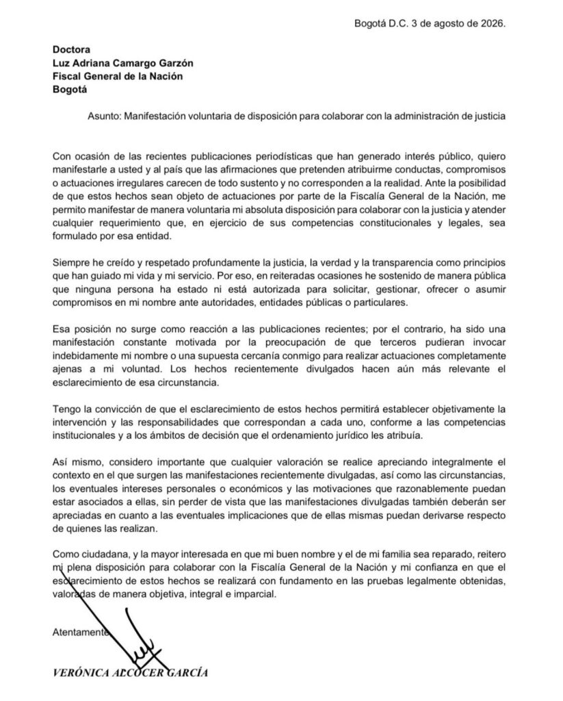 Carta enviada por Verónica Alcocer a la fiscal general Luz Adriana Camargo para ofrecer colaboración con la justicia.