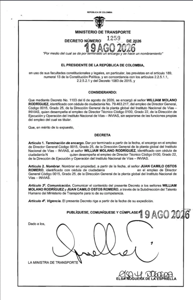 Decreto 1259 de 2026 que nombra a Juan Camilo Ostos director de Invías