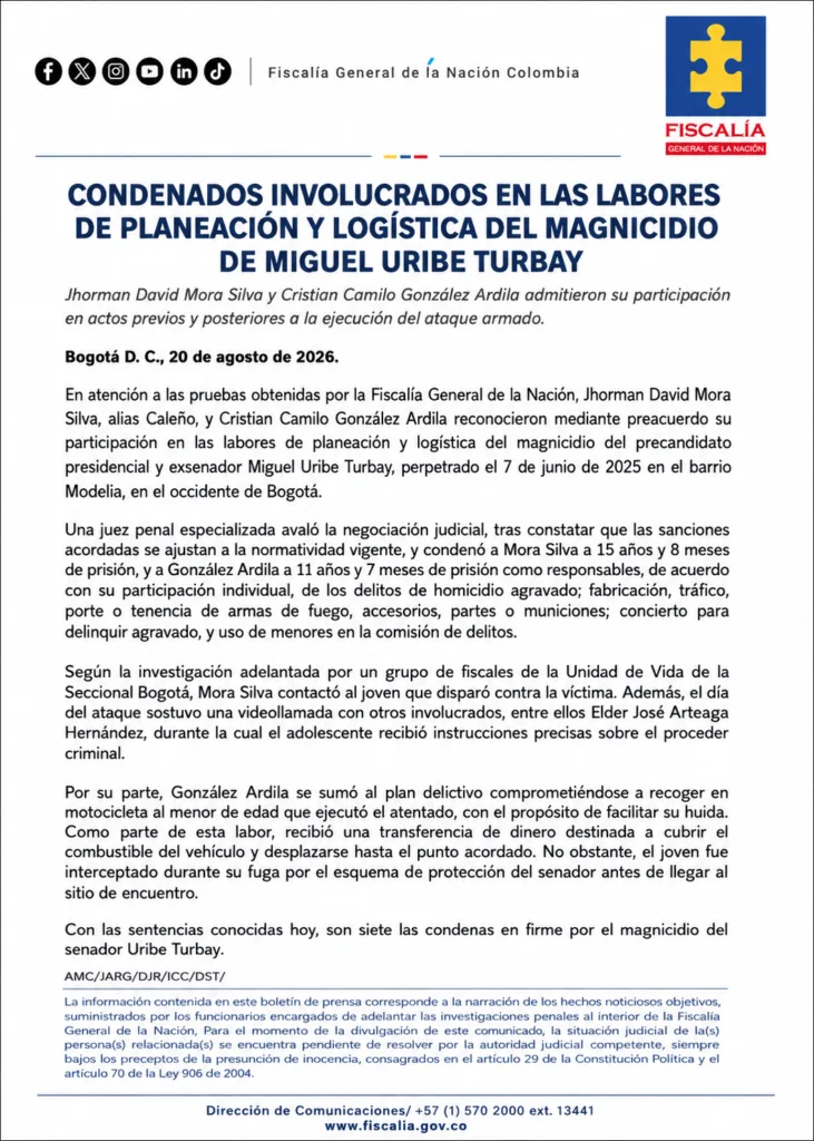 Comunicado de la Fiscalía sobre las condenas a dos implicados en el asesinato de Miguel Uribe Turbay