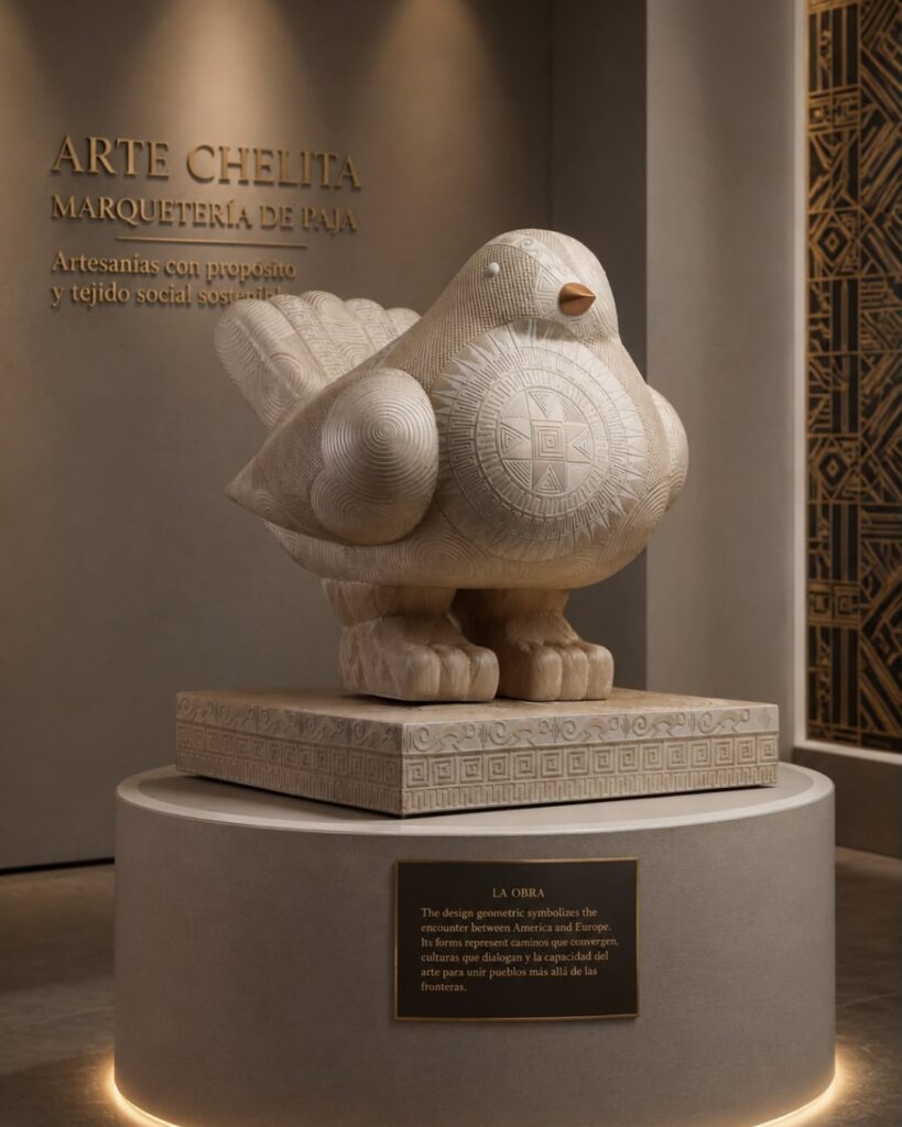 Paloma de la Paz Ancestral, obra artesanal elaborada por Arte Chelita y entregada al papa León XIV durante la visita de Gustavo Petro al Vaticano.
