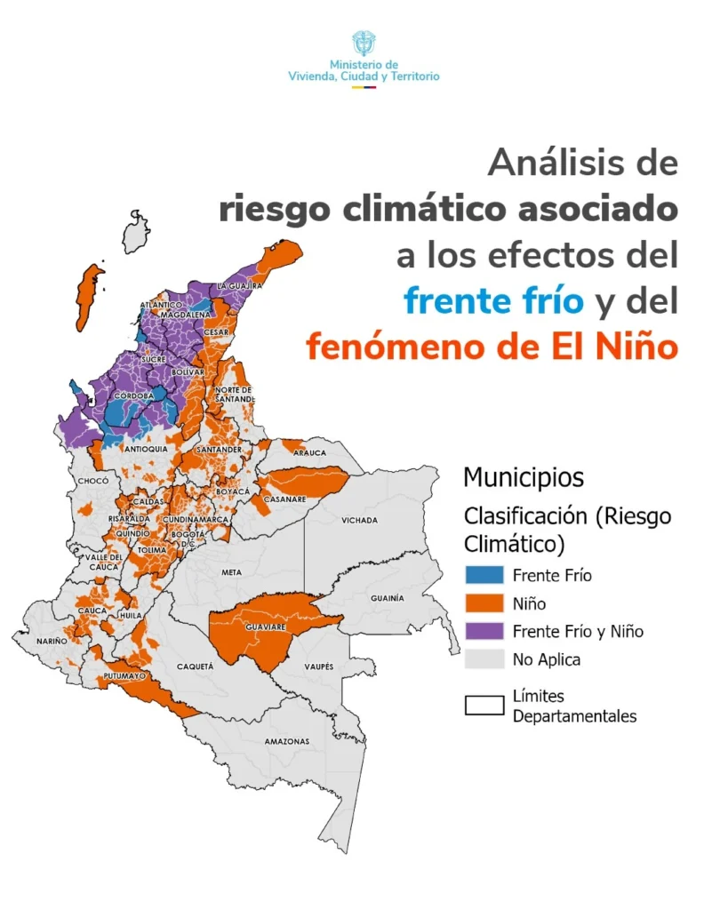 Mapa del Ministerio de Vivienda sobre el riesgo climático por el frente frío y el fenómeno de El Niño en Colombia