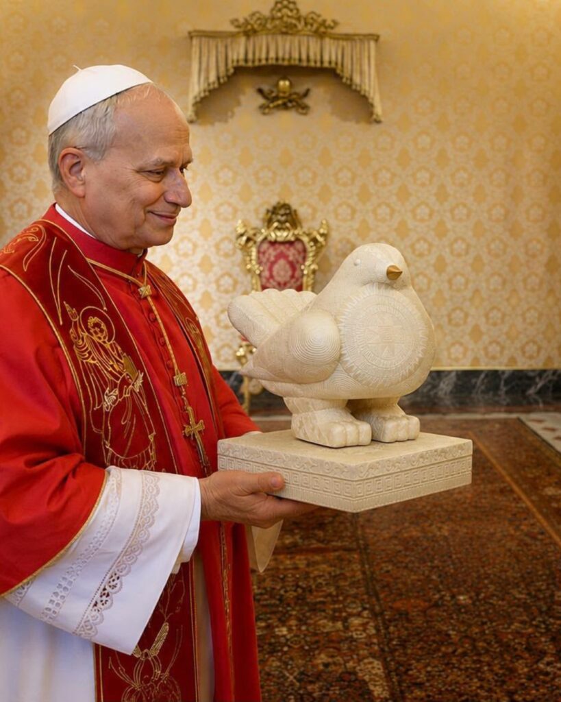 El papa León XIV sostiene la paloma artesanal colombiana entregada como regalo oficial durante la visita del presidente Gustavo Petro al Vaticano.