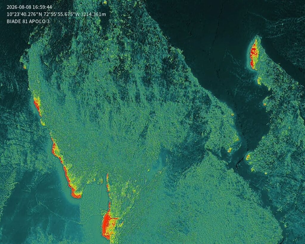 Imagen térmica muestra focos activos del incendio en la Serranía del Perijá, en jurisdicción de Manaure Balcón del Cesar.