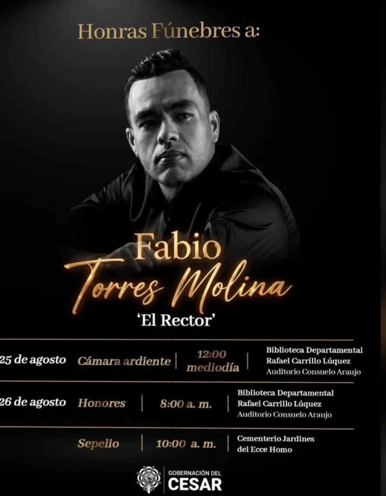 Programación de las honras fúnebres de Fabio Torres Molina, ‘El Rector’, en Valledupar