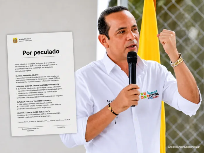 Raúl Machado junto a imagen ilustrativa de un contrato del Programa de Alimentación Escolar PAE