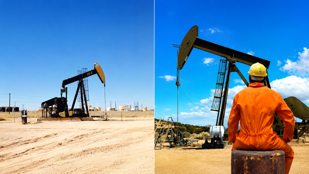 Bombas extractoras y trabajador petrolero ilustran el debate sobre el fracking en el Cesar y la nueva política energética de Colombia.