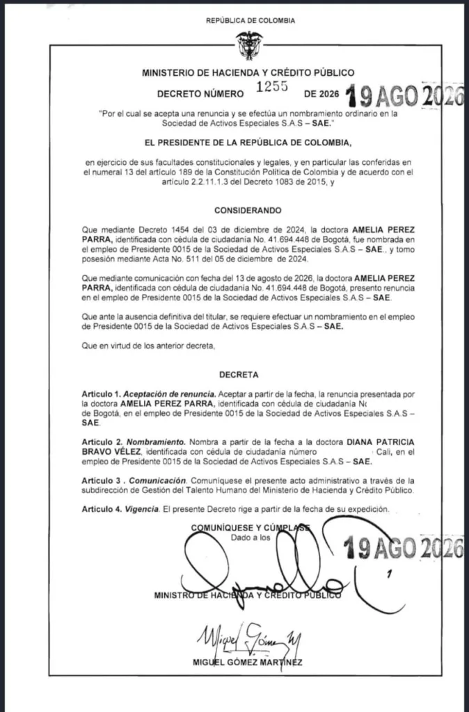 Decreto 1255 nombra a Diana Bravo presidenta de la SAE