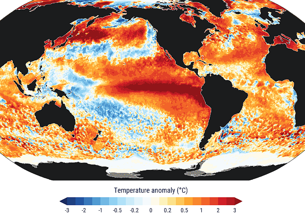 Mapa mundial de anomalías de temperatura en los océanos
