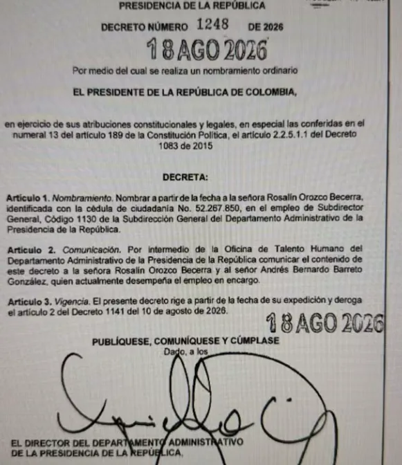 Decreto 1248 de 2026 sobre el nombramiento de Rosalín Orozco en el Dapre