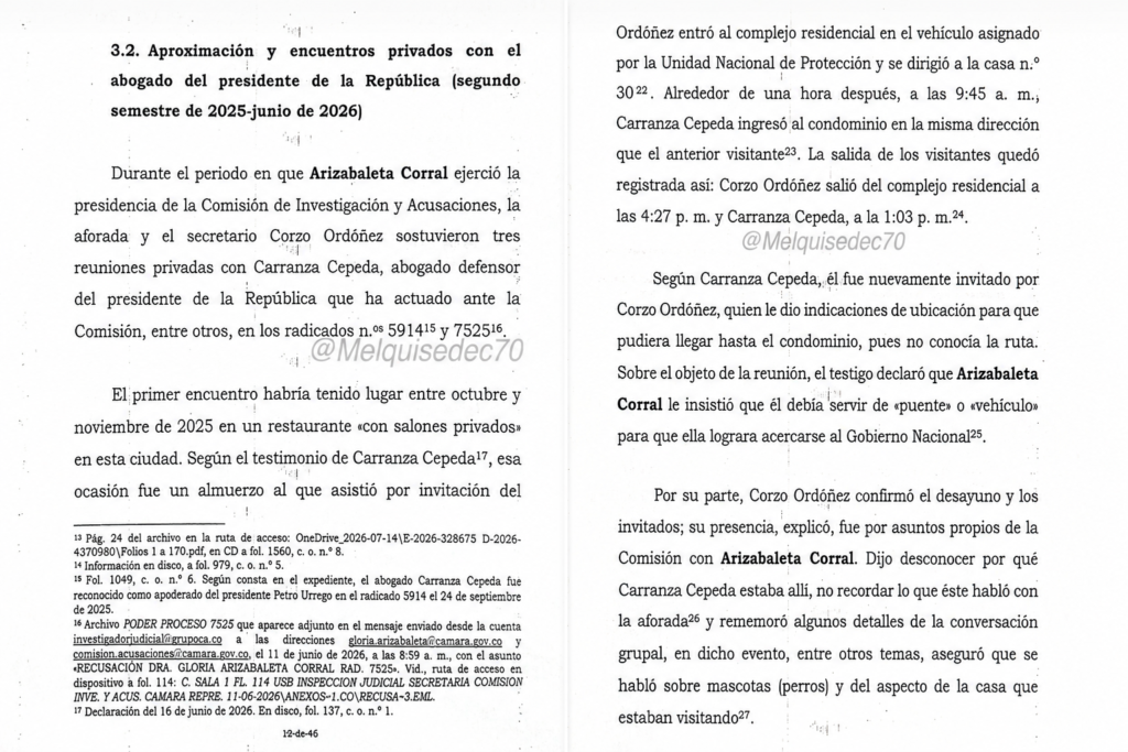 Documentos que registran presuntas reuniones privadas entre Gloria Arizabaleta y Alejandro Carranza, abogado del presidente Gustavo Petro.