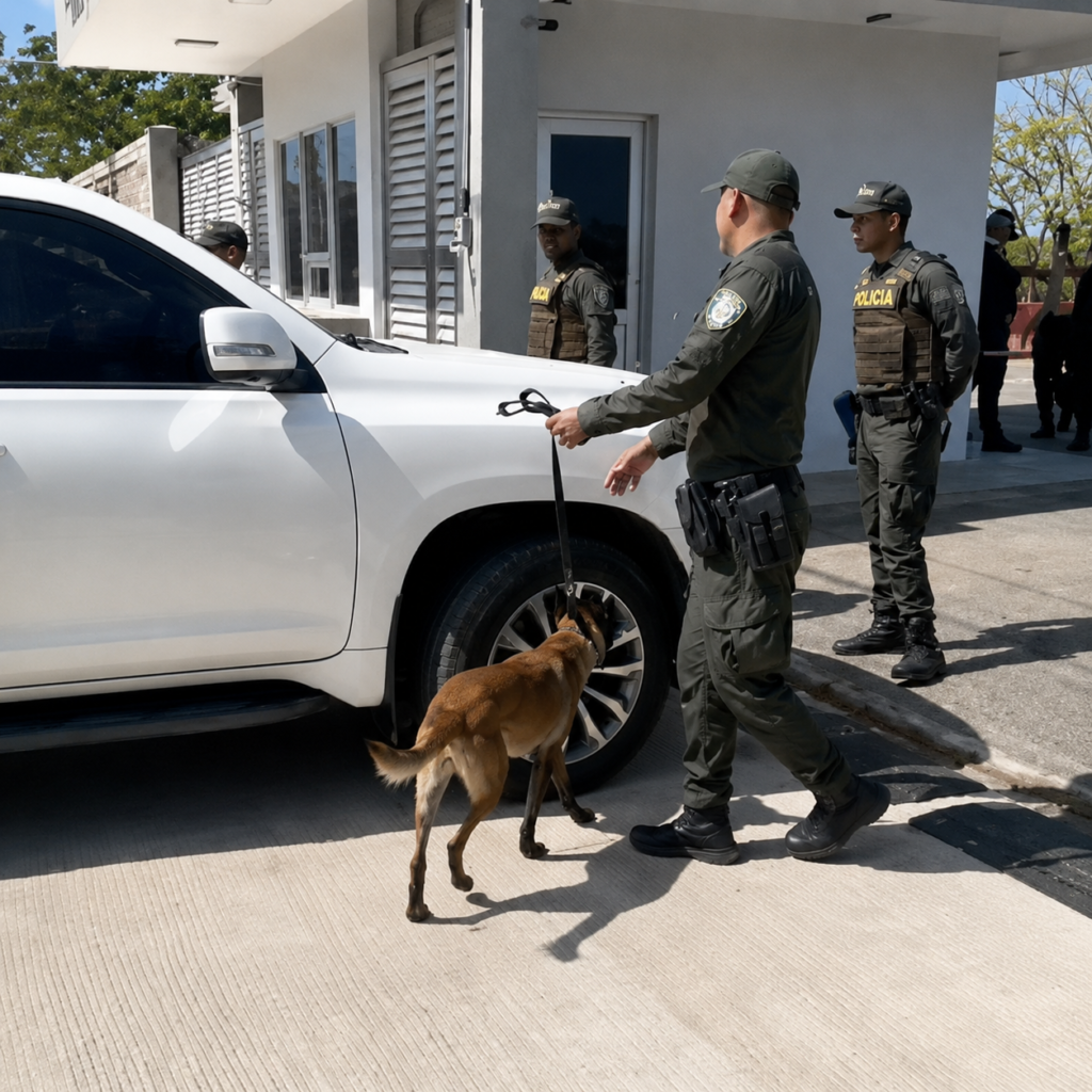 Perro antiexplosivos y policías inspeccionan un vehículo durante el retiro espiritual de Abelardo.