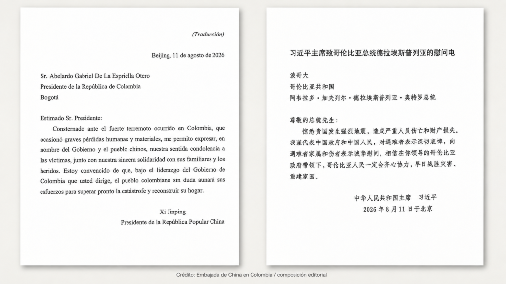 Carta de Xi Jinping con mensaje de solidaridad a Colombia tras el terremoto