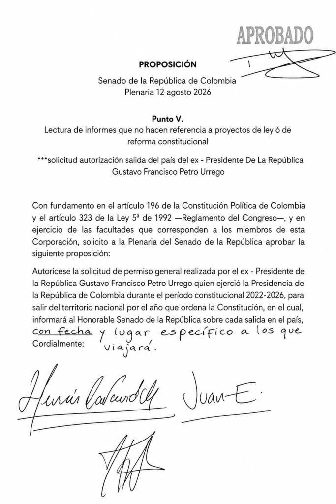 Documento aprobado por el Senado que autoriza a Gustavo Petro a salir de Colombia durante un año