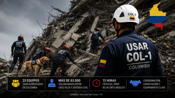 Equipos de rescate en Colombia durante una operación USAR COL-1 entre estructuras colapsadas