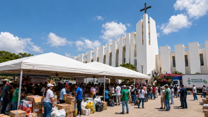 Donaciones para damnificados en el parqueadero de la Catedral Ecce Homo de Valledupar durante jornada solidaria.