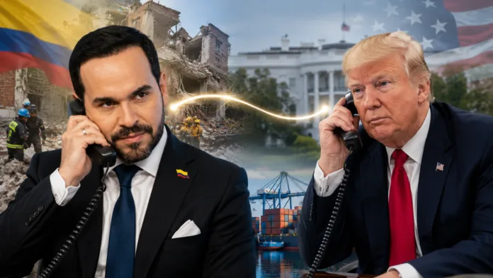 Montaje editorial de De La Espriella y Donald Trump durante una llamada sobre aranceles y ayuda por el terremoto en Colombia