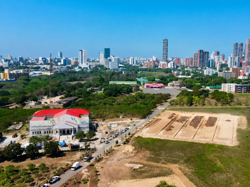 Vista aérea de la sede presidencial en Barranquilla durante las obras de adecuación