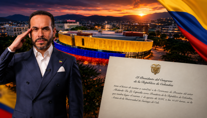 Abelardo de la Espriella junto a la invitación oficial de su posesión presidencial en la Arena USC de Cali.
