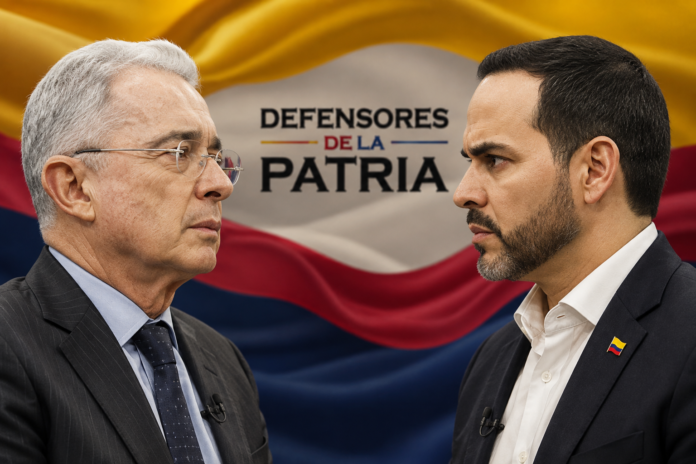 Álvaro Uribe frente a un dirigente de Defensores de la Patria durante el debate sobre la identidad política del Centro Democrático.