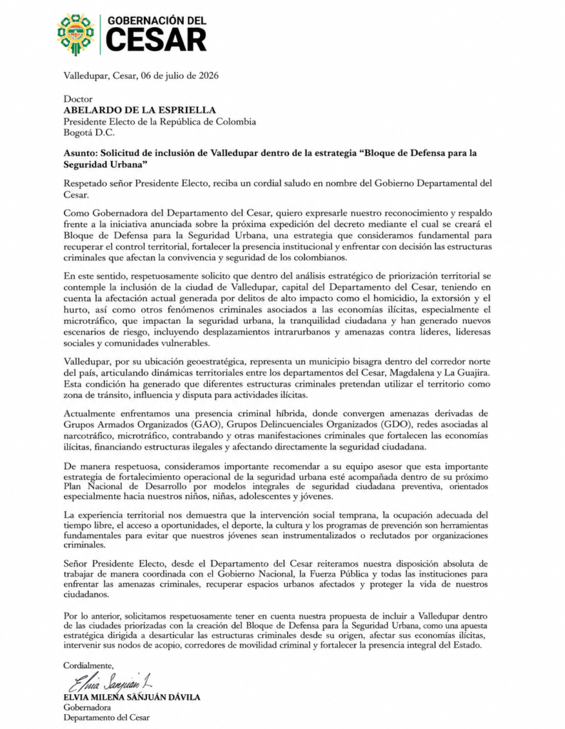 Carta enviada por la gobernadora Elvia Milena Sanjuán al presidente electo Abelardo de la Espriella para solicitar la inclusión de Valledupar en el Bloque de Defensa para la Seguridad Urbana.