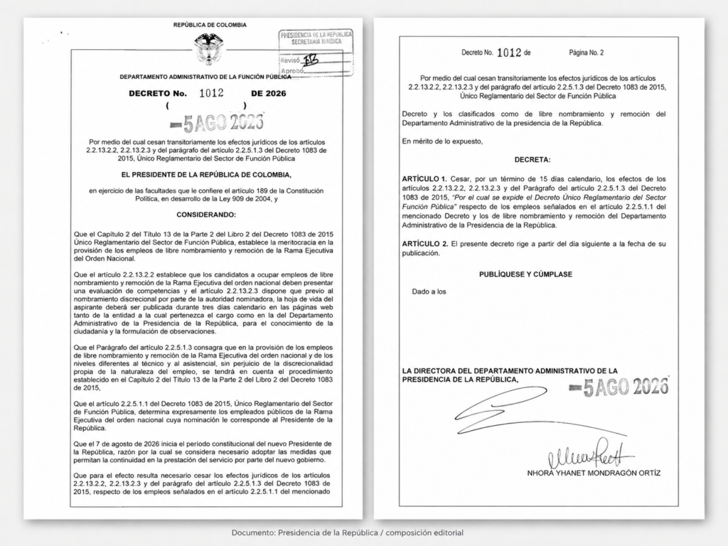 Documento del Decreto 1012 de 2026 en dos páginas sobre los nombramientos de Abelardo de la Espriella.