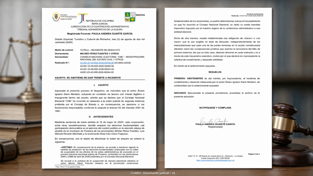 Primera y última página del auto del Tribunal Administrativo de La Guajira sobre el caso de Micher Pérez.