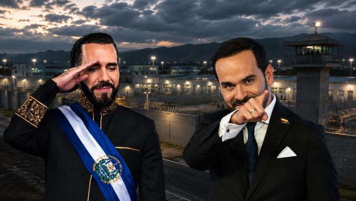 Nayib Bukele y Abelardo De La Espriella frente a un complejo penitenciario, en una imagen sobre las megacárceles en Colombia.