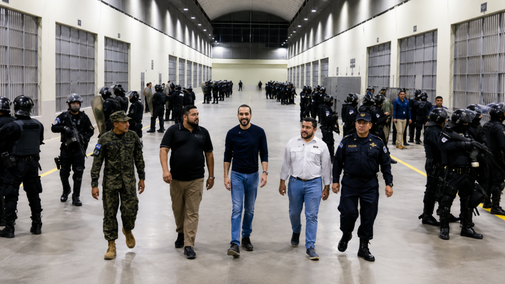 Nayib Bukele durante un recorrido por un centro penitenciario de máxima seguridad en El Salvador.
