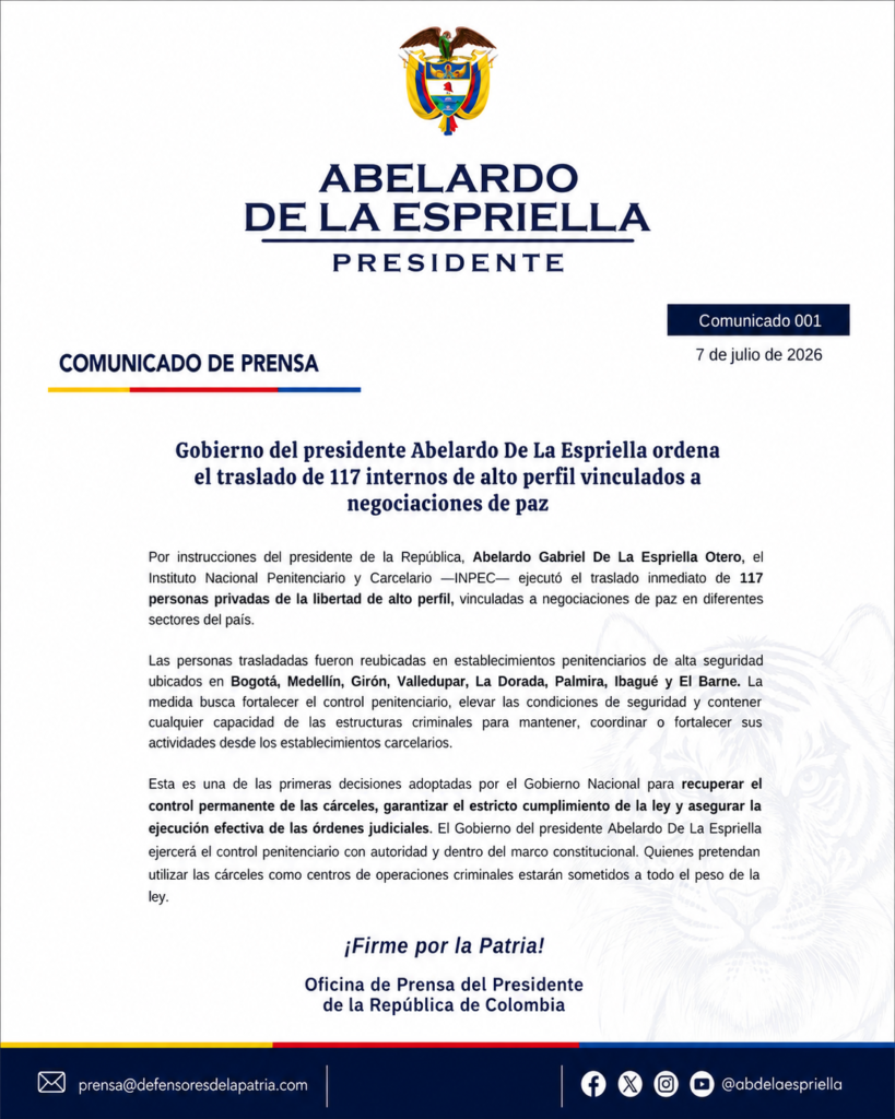 Comunicado presidencial sobre el traslado de 117 reclusos a cárceles de alta seguridad