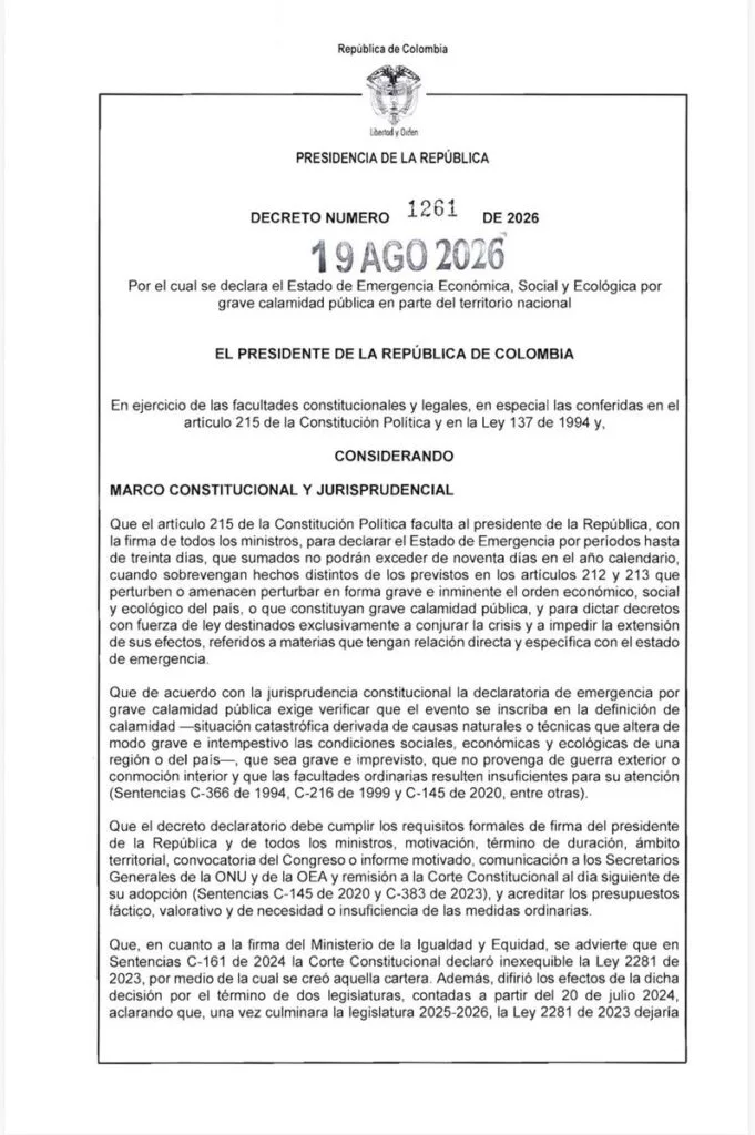 Primera página del Decreto 1261 de 2026 que declara emergencia económica, social y ecológica en Colombia