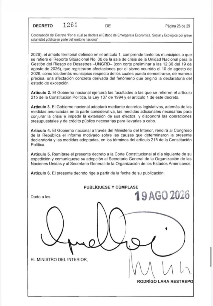 Página final del Decreto 1261 de 2026 con las disposiciones de la emergencia económica y firmas oficiales