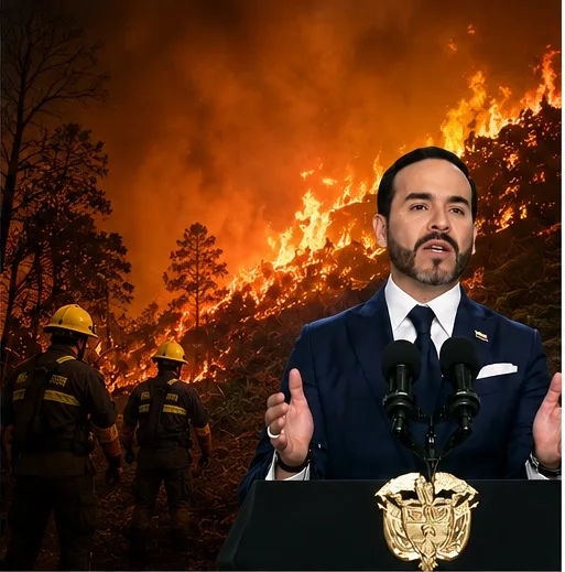 El presidente Abelardo De La Espriella en alocución presidencial anunciando recompensas por incendios forestales en Tolima junto a miembros de la Fuerza Pública.