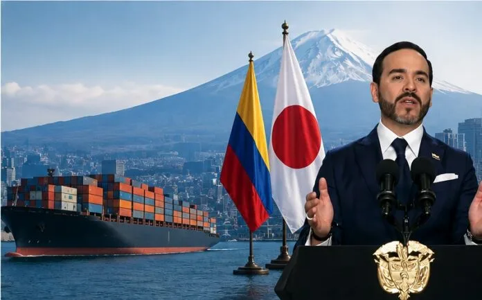 Presidente Abelardo De La Espriella anunciando el acuerdo económico y comercial entre Colombia y Japón con un barco de carga y el monte Fuji de fondo.