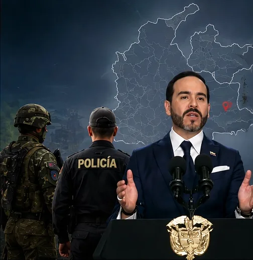 Presidente Abelardo De La Espriella anuncia el Bloque Nacional de Búsqueda contra la extorsión ante mapa de Colombia y miembros de la Fuerza Pública.