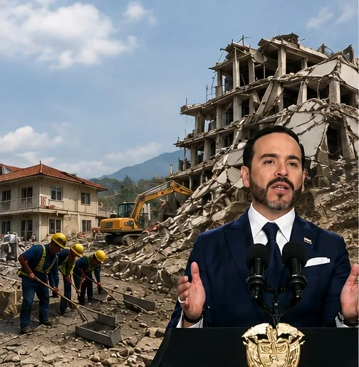 Fotomontaje del presidente Abelardo De La Espriella durante su alocución sobre la reconstrucción de Colombia tras el terremoto, con un fondo de edificios destruidos, escombros y maquinaria de remoción.
