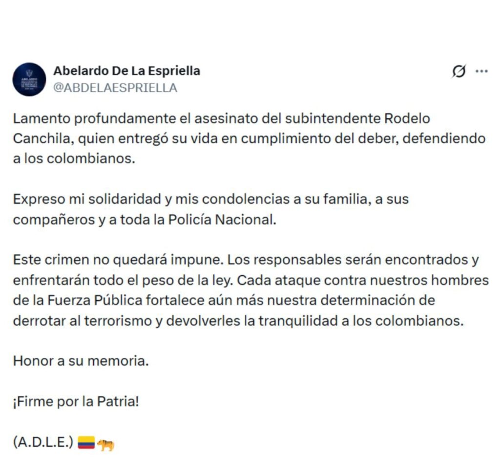 Pronunciamiento de Abelardo de la Espriella tras el ataque en Curumaní que dejó muerto al subintendente Rodelo Canchila.