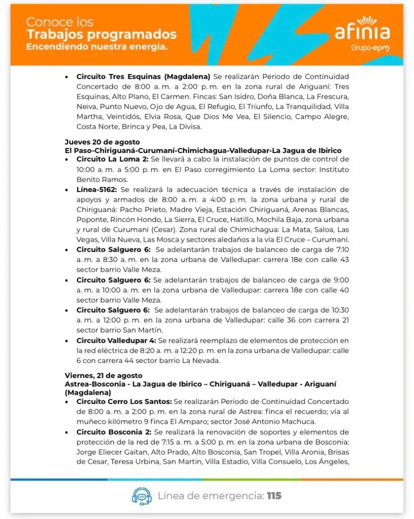Comunicado de Afinia sobre trabajos eléctricos del 20 de agosto