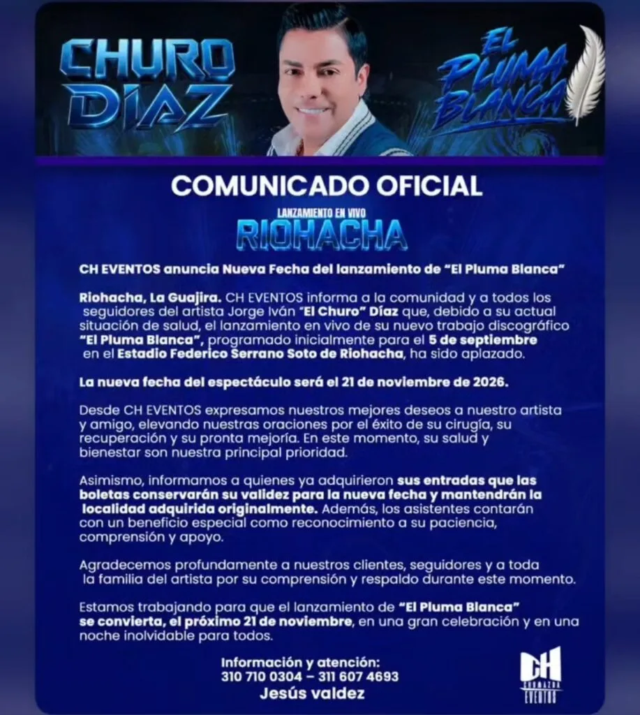 Comunicado oficial de Churo Díaz sobre la nueva fecha de El Pluma Blanca en Riohacha