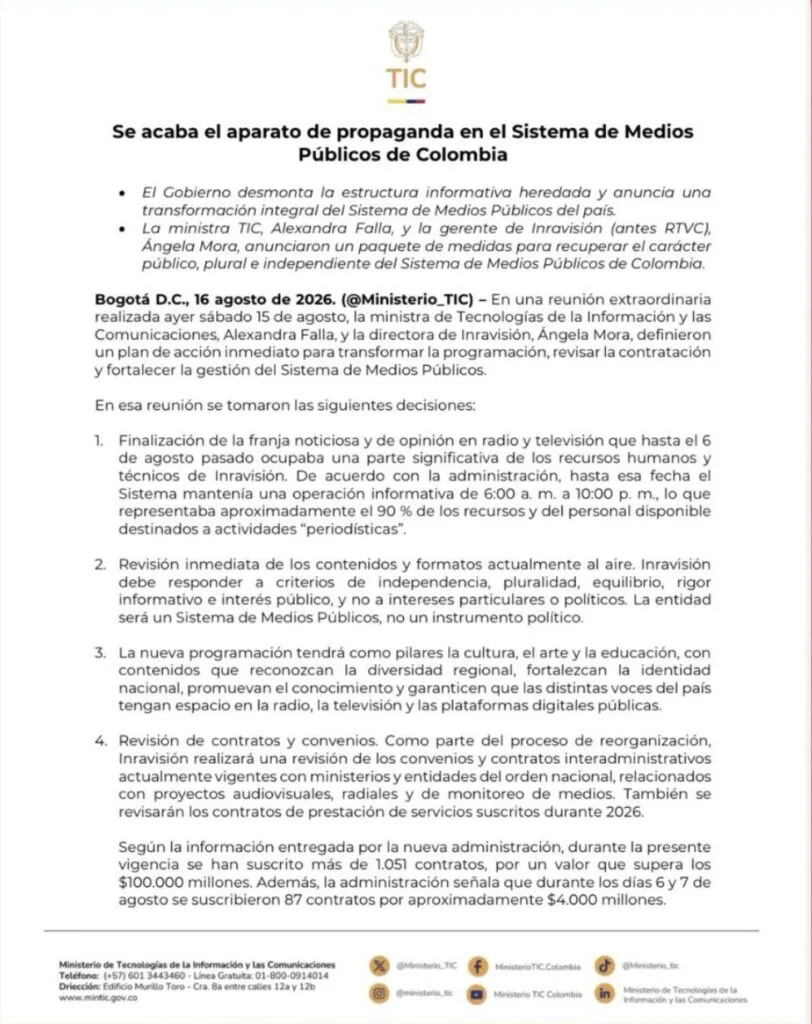 Comunicado del Ministerio TIC sobre la transformación de Inravisión y los medios públicos de Colombia