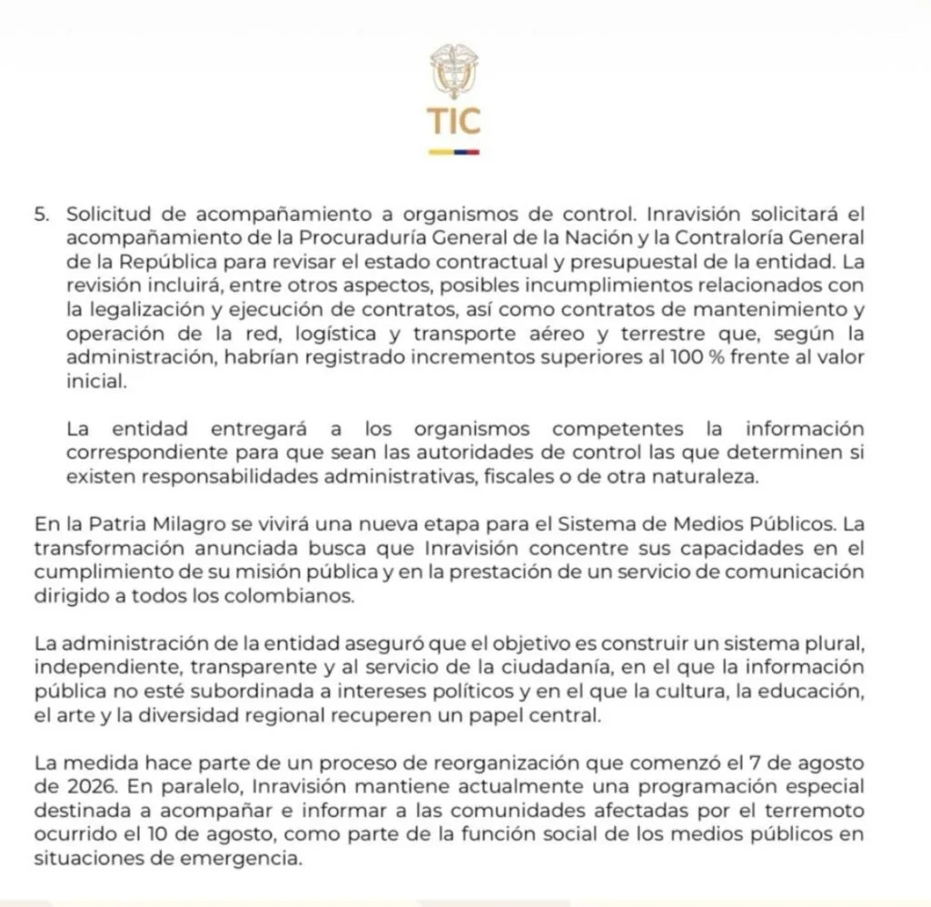 Documento del Ministerio TIC con medidas para la reorganización y control de Inravisión