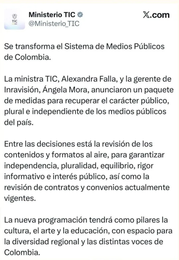 Publicación del Ministerio TIC sobre la reforma de Inravisión y los medios públicos de Colombia