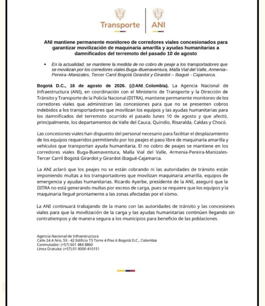 Comunicado de la ANI sobre el paso sin peajes para vehículos con ayuda humanitaria tras el terremoto