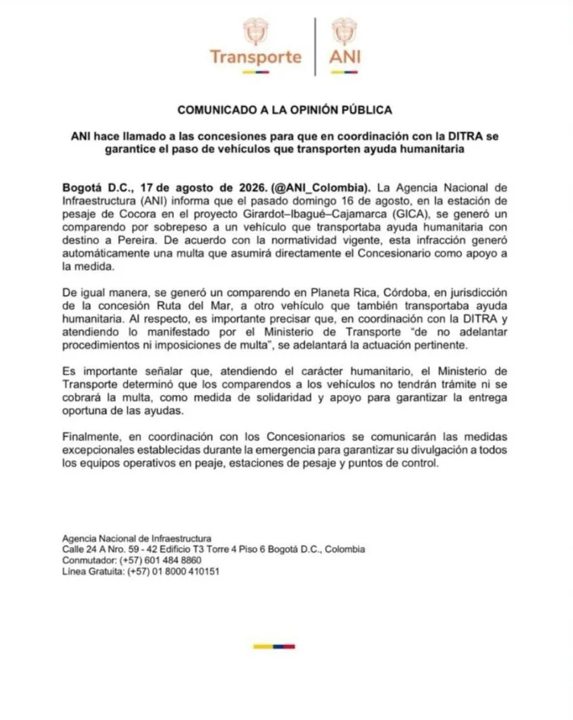 Comunicado de la ANI sobre comparendos y paso de vehículos que transportan ayuda humanitaria