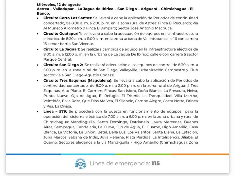 Comunicado de Afinia sobre corte de energía en Valledupar