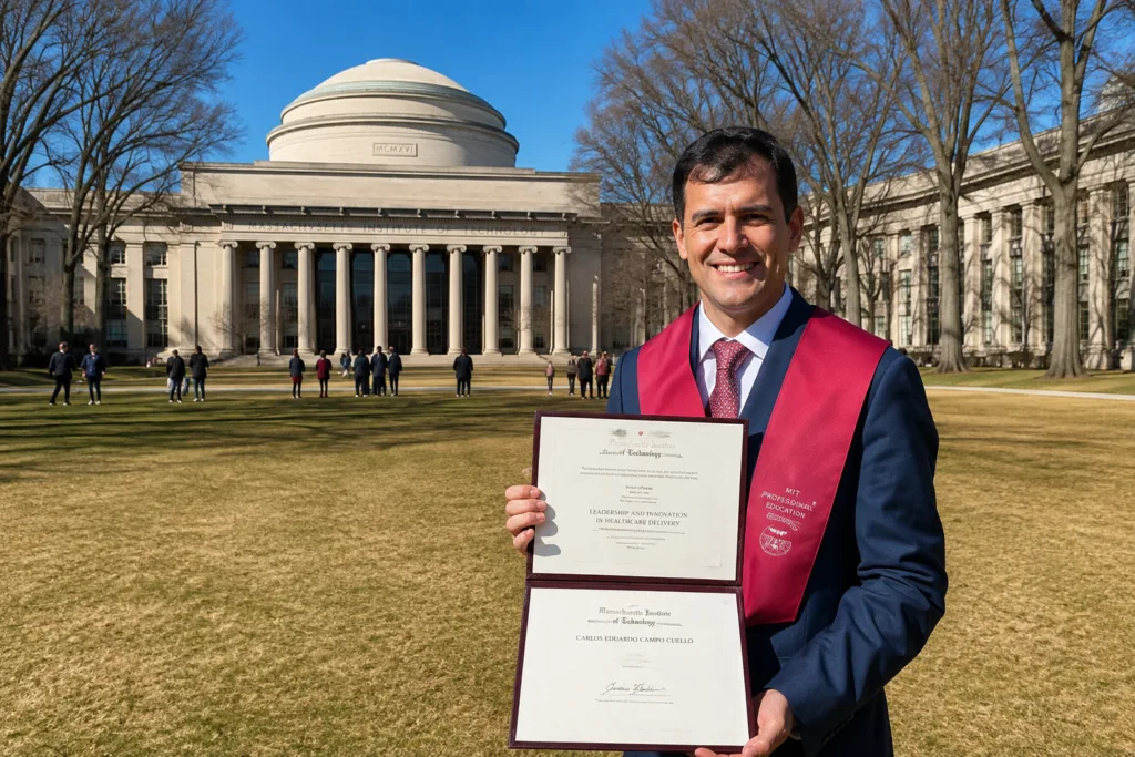 Carlos Eduardo Campo Cuello posa con certificación académica frente al MIT